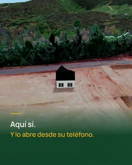 Vivienda emplazada sobre un lote en el visor 3D, junto al camino interior del loteo